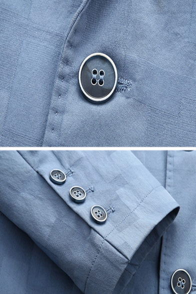 Mens Simple Plain Light Blue Notch Collar Long Sleeve Lightweight Plaid Suit Blazer