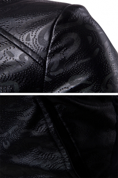 Mens Stylish Black Long Sleeve Button Front Casual Fitted PU Embossed Jacket
