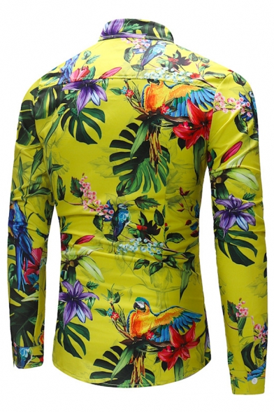 Mens Stylish Parrot and Leaf Printed Long Sleeve Button Up Light Green ...