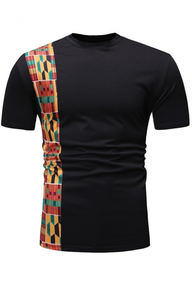 Mens Tribal Style Tape Panel Crew Neck Short Sleeve Slim Fit Leisure T-Shirt