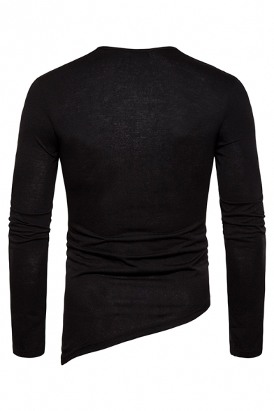 Mens Unique Solid Color Long Sleeve Lace Up Detail Slim Fit Asymmetric T-Shirt Top