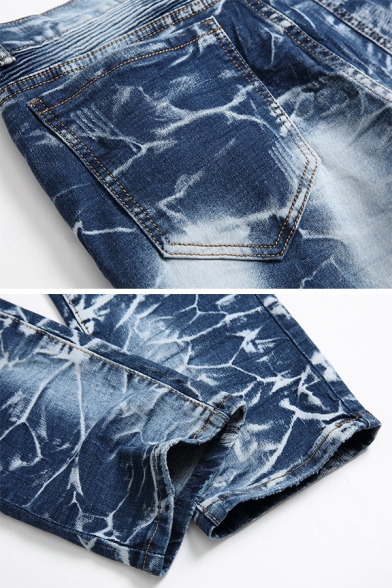 Metrosexual Men's Designer Zipper Fly Straight Jeans Pleated Crumple Denim Pants