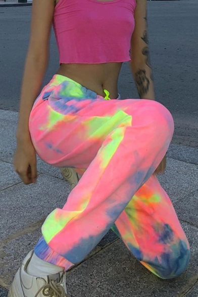 Pink Amazing Elastic Waist Drawstring Tie-Dye Cuffed Long Relaxed Carrot Sweatpants for Cool Girls