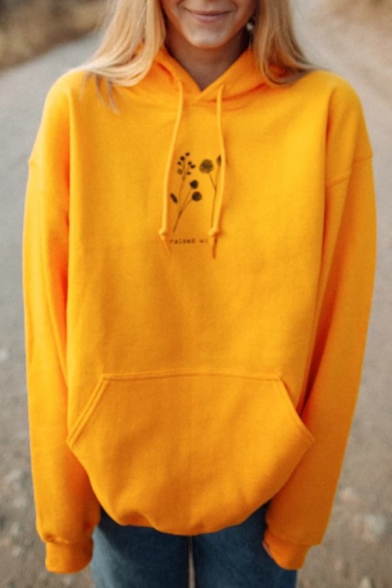 Popular Yellow Letter RAISED WILD Flower Printed Long Sleeve Pouch Pocket Oversized Hoodie
