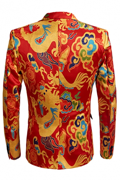 Red and Yellow Dragon Print Long Sleeve Single Button Casual Blazer and Pants Set