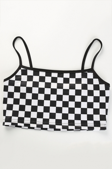 Sexy Black Sleeveless Check Print Slim Fit Crop Cami Top for Women