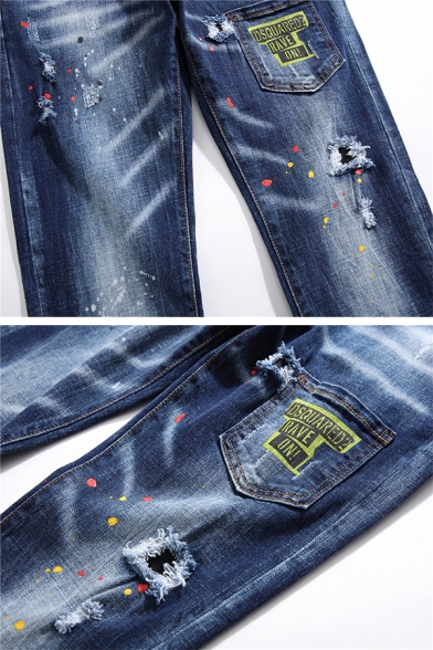 Simple Splatter Paint Letter Printed Button Placket Ripped Straight Fit Denim Pants