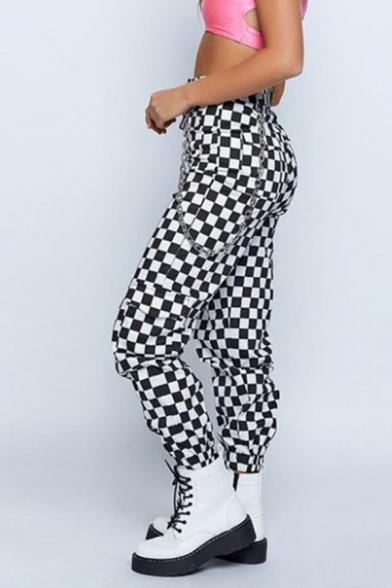 Street Casual Girls' High Waist Checkered Print Chain Embellished Ankle Length Cuffed Tapered Fit Pants in Black