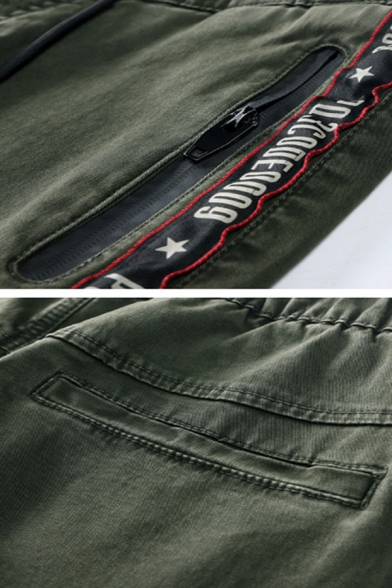 Unique Letter Tape Embellished Zip Front Army Green Plain Casual Pencil Pants
