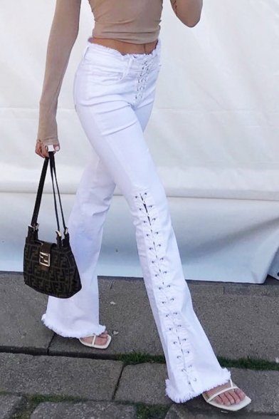 white flare fringe jeans