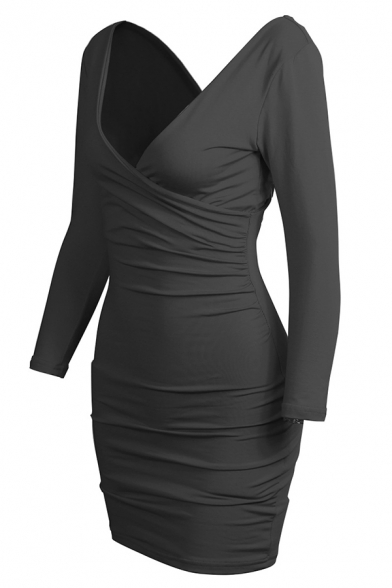 Women's Classic Long Sleeve Surplice V Neck Solid Color Mini Sheath Casual Party Dress