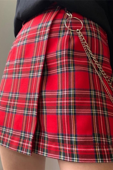 

Women' Fancy Cute High Waist Plaid Pattern Chain Embellished Wrap Mini A-Line Skirt in Red, LM574056