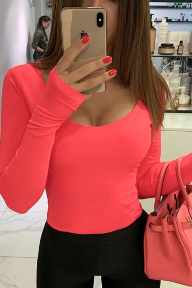Women's Fashion Basic Long Sleeve Solid Scoop Neck Fitted Bodysuit