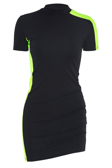 Womens Casual Color Block Panel Short Sleeve Mock Neck Slim Fit Black Mini T-Shirt Dress