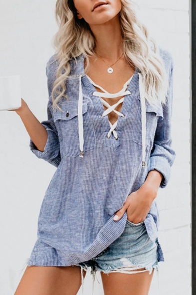 Womens Casual Pinstripe Printed Lace-Up V-Neck Long Sleeve Flap Pockets Oversized Shirt