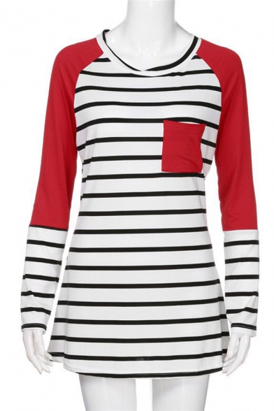 Womens Casual Stripe Color Block Chest Pocket Long Sleeves Round Neck Tunic T-Shirt