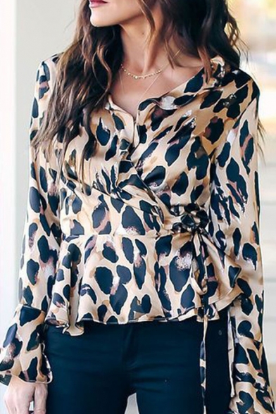 Womens Chic Yellow Leopard Print Bell Long Sleeve Tie Waist Wrap Blouse Top