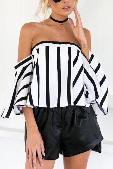 Womens Classic Black & White Striped Bell Sleeve Off Shoulder Loose Fit Sexy Blouse Top