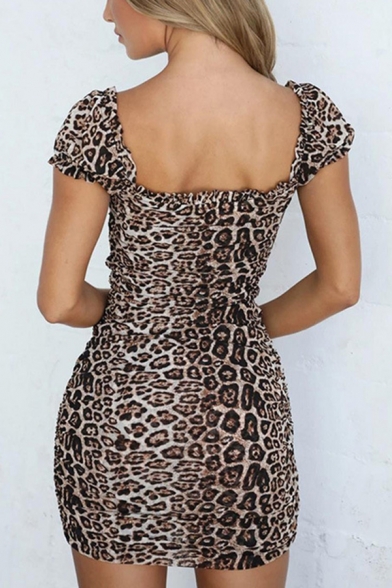 Womens Classic Leopard Printed Sweetheart Neck Backless Drawstring Ruched Front Mini Bodycon Dress