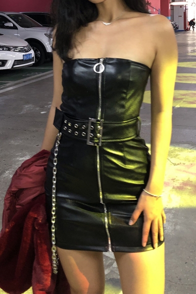 Womens Cool Night Club Wear PU Leather Zip Placket Black Mini Tube Dress with Chain Embellished Belt