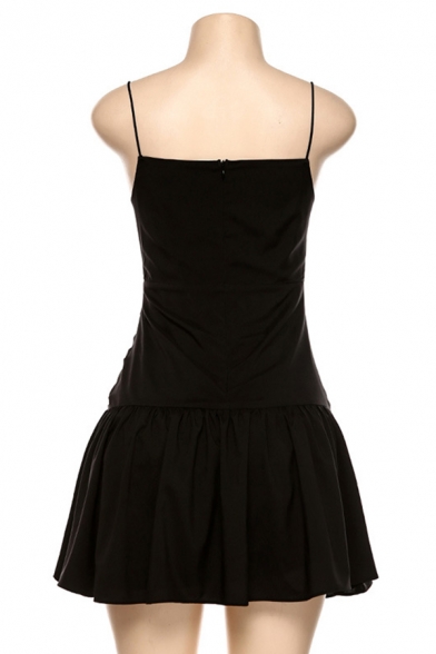 Womens Elegant Plain Speghatti Straps Ruched Ruffle Mini A-Line Cami Dress