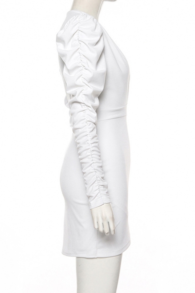 Womens Fashionable White Plain Puff Long Sleeve Plunge V Neck Mini Fitted Tulip Dress