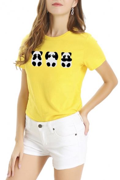 Womens Lovely Panda Printed Short Sleeve Round Neck Slim Fit Summer T-Shirt
