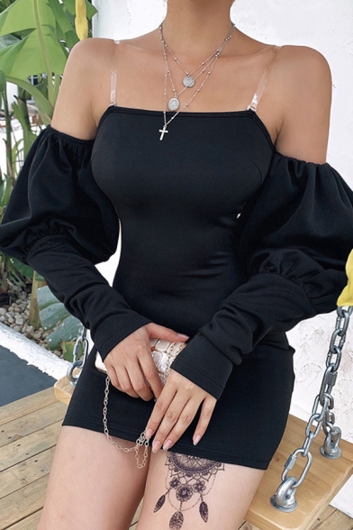Womens Popular Clear Straps Off Shoulder Lantern Long Sleeve Mini Black Dress for Evening Party
