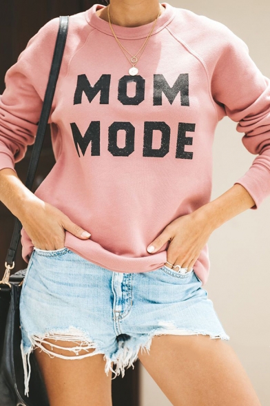 Womens Popular MOM MODE Letter Printed Long Sleeve Pullover Sweatshirt in Pink