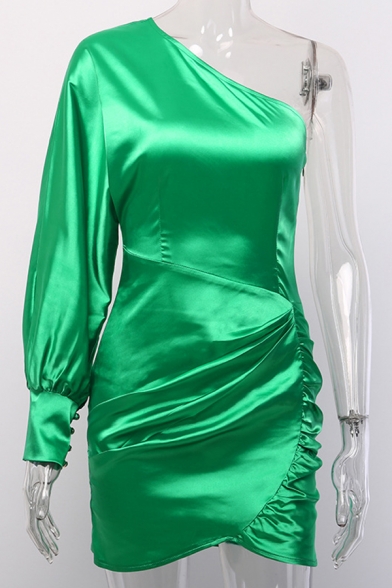 Womens Popular Slash Neck Single Sleeve Ruched Detail Green Fitted Mini Party Dress