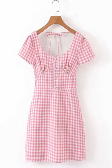 Womens Simple Red Plaid Print Short Sleeves Button Embellished Tied Back Casual Mini Dress