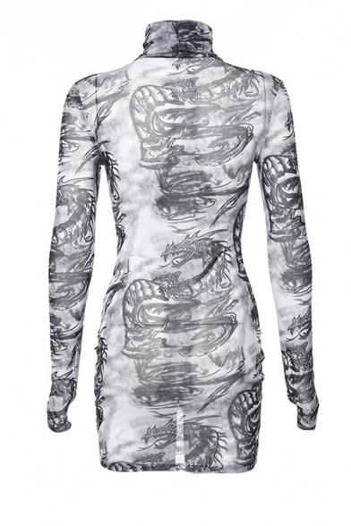 Womens Stylish Dragon Printed Long Sleeve High Collar Slim Fit Casual White Mini Tulle Dress
