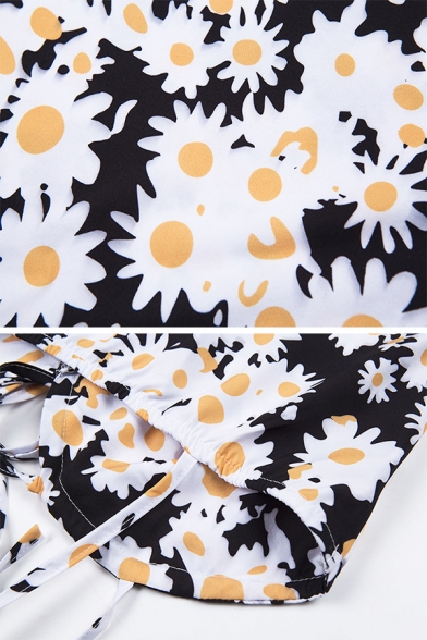 Black Daisy Printed Tied Spaghetti Straps Casual Mini A-Line Slip Dress for Women
