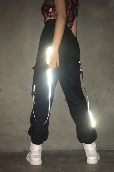 Black Street High Rise Patch Side Pockets Ribbon Reflective Cuffed Long Baggy Cargo Pants for Women