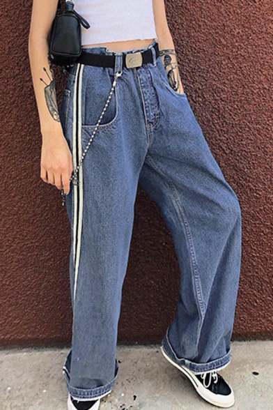 

Blue Hip Hop Street High Waist Contrast Striped Side Full Length Oversize Wide Leg Jeans for Cool Girls, LM572676