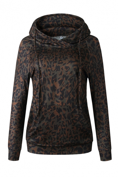 Brown Leopard Printed Funnel Neck Long Sleeve Designer Drawstring Hoodie for Women
