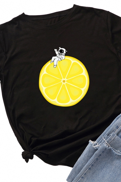 Casual Lemon and Astronaut Pattern Short Sleeves Crew Neck Loose T-Shirt