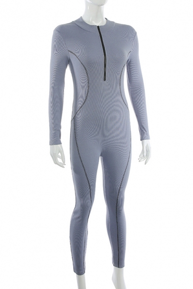 Casual Plain Long Sleeve Deep V-Neck Zipper Down Contrast Pipe Knit Ankle Skinny Bodysuit for Women