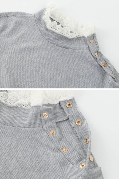 Chic Plain Lace Trimmed Collar Snap Button Embellished Shoulder Long Sleeve Fitted Knitted T-Shirt Sweatshirt