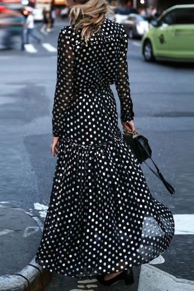 Chic Trendy Black Long Sleeve Deep V-Neck Lace Up Polka Dot Ruffled Trim Pleated Long Flowy Dress for Ladies