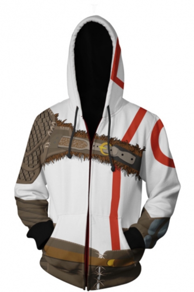 Classic Character Comic Anime Cosplay White and Brown Long Sleeve Zip Placket Hoodie