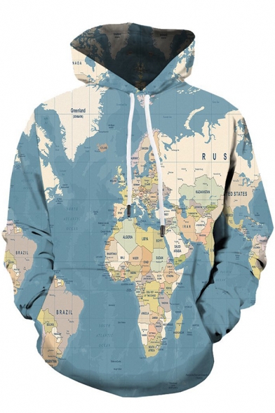 Classic World Map 3D Print Long Sleeve Pouch Pocket Drawstring Hoodie