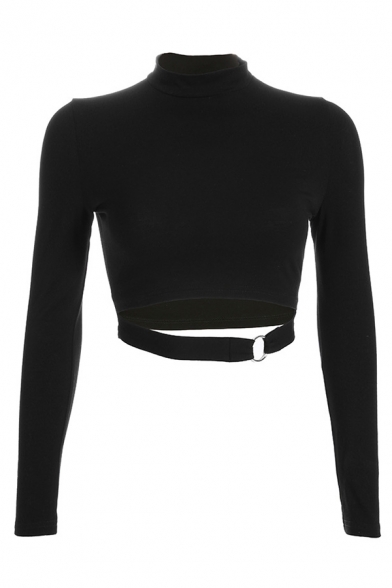 Cool Black Long Sleeve Mock Neck Cut Out O-Ring Embellished Fitted Crop Tee for Girls