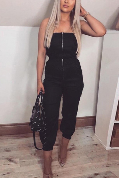 Cool Trendy Ladies' Sleeveless Strapless Zipper Down Flap Pockets Ankle Relaxed Tapered Jumpsuit in Black