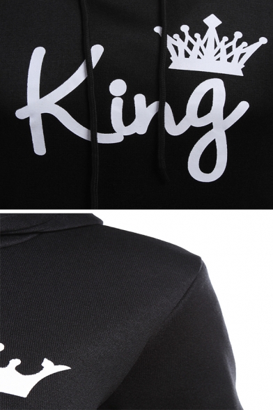 Couple Matching QUEEN KING Crown Print Long Sleeve Casual Black Pullover Hoodie
