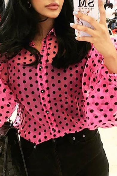 Crazy Sexy Street Blouson Sleeve Pointed Collar Button Down Polka Dot Sheer Casual Shirt for Ladies