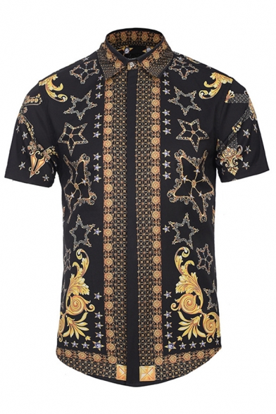 Creative Floral and Star Printed Short Sleeve Single Breasted Black and Gold Vintage Shirt