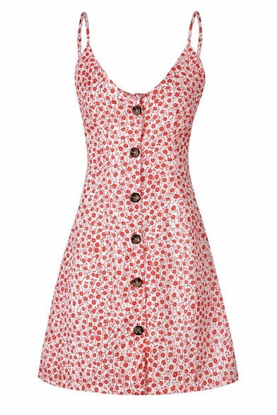 Cute Girls' Sleeveless Deep V-Neck Button Down Floral Print Bow-Tie Back Hollow Fitted Mini A-Line Cami Dress