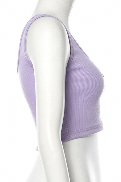 Cute Purple Sleeveless Round Neck Button Detail Knit Slim Fit Crop Tank Top for Women