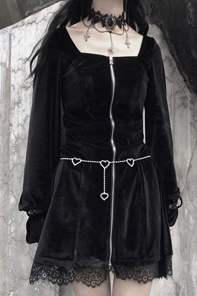 

Edgy Girls Plain Black Gothic Zip Placket Lace Patch Hem Oversized Mini Velvet Lolita Dress, LM571149